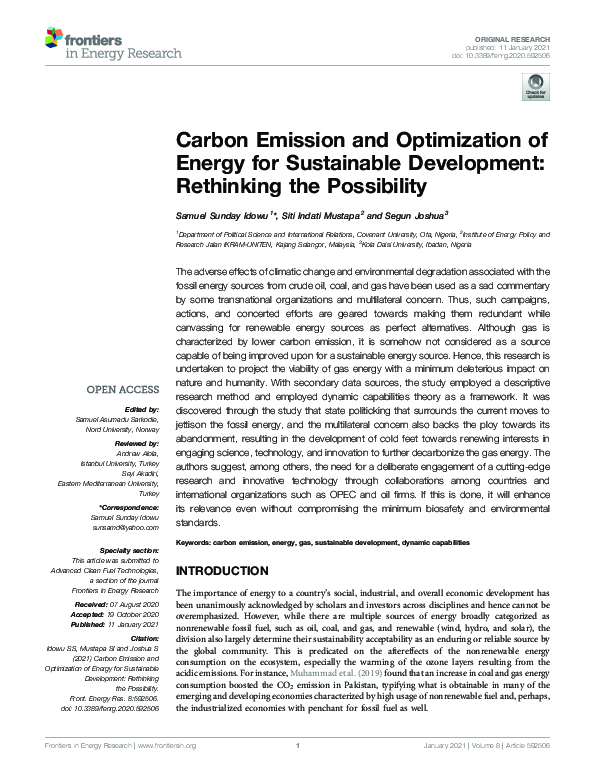 (PDF) Carbon Emission and Optimization of Energy for Sustainable ...