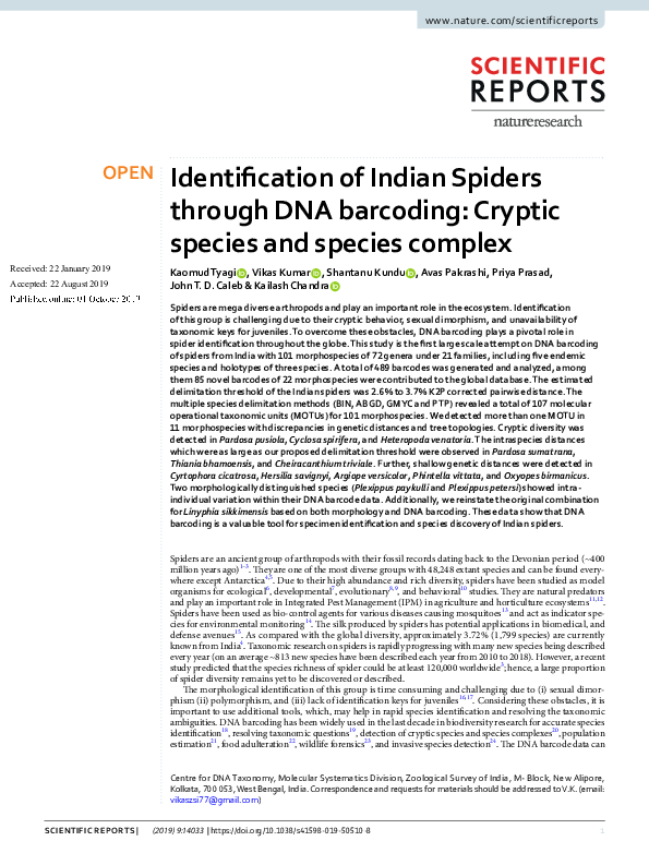 (PDF) Identification of Indian Spiders through DNA barcoding: Cryptic ...