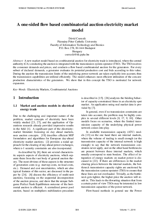 (PDF) A one-sided flow based combinatorial auction electricity market model