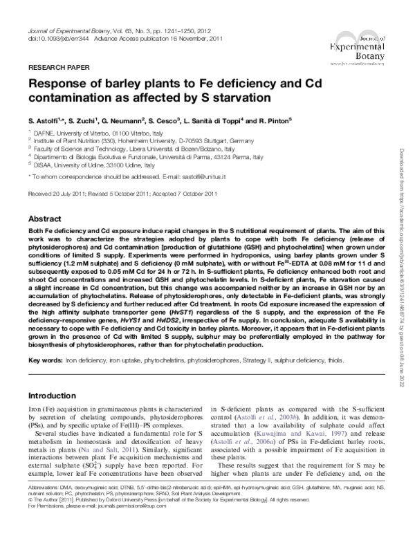 (PDF) Response of barley plants to Fe deficiency and Cd contamination ...