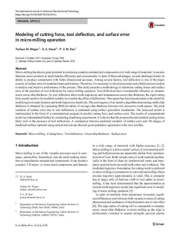 (PDF) Modeling of cutting force, tool deflection, and surface error in micromilling operation