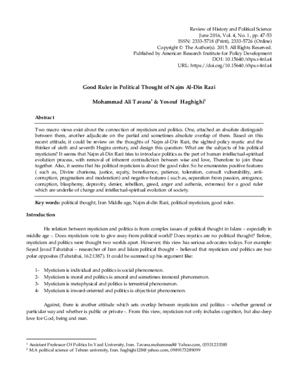 (PDF) Good Ruler in Political Thought of Najm Al-Din Razi