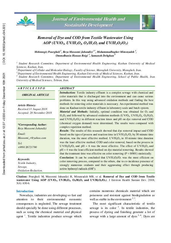 (PDF) Removal of Dye and COD from Textile Wastewater Using AOP (UV/O3 ...