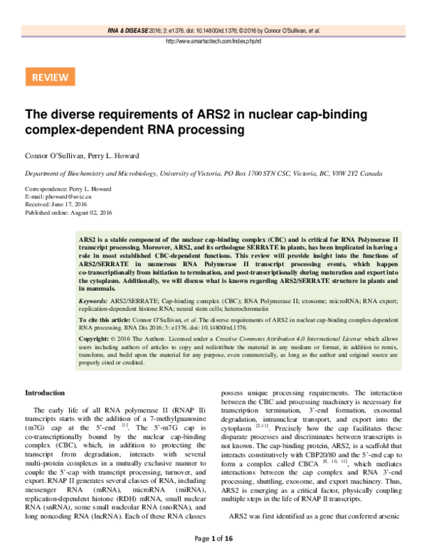 (PDF) The Diverse Requirements of ARS2 in nuclear cap-binding complex ...