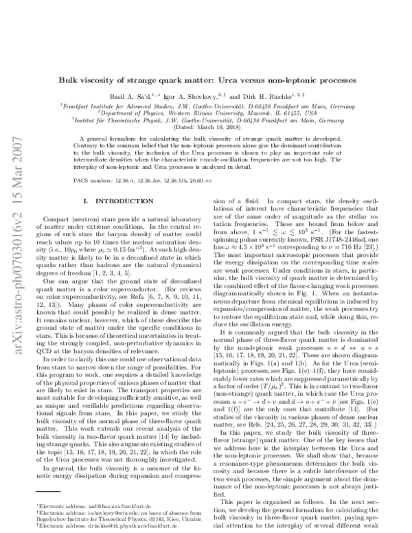 (PDF) Bulk viscosity of strange quark matter: Urca versus nonleptonic ...
