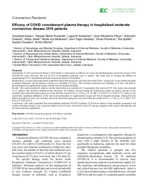 (PDF) Efficacy of COVID convalescent plasma therapy in hospitalized ...