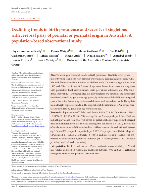 Declining trends in birth prevalence and severity of singletons with cerebral palsy of prenatal or perinatal origin in Australia: A population‐based observational study