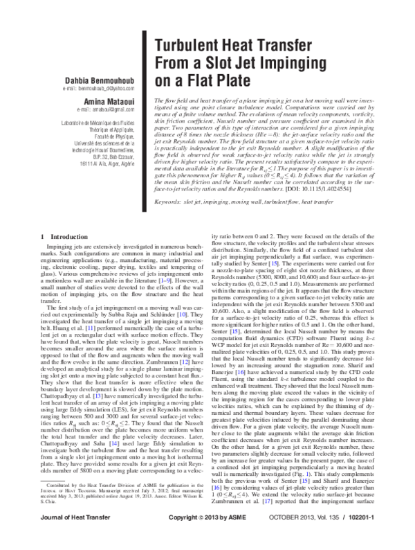 (PDF) Turbulent Heat Transfer From a Slot Jet Impinging on a Flat Plate