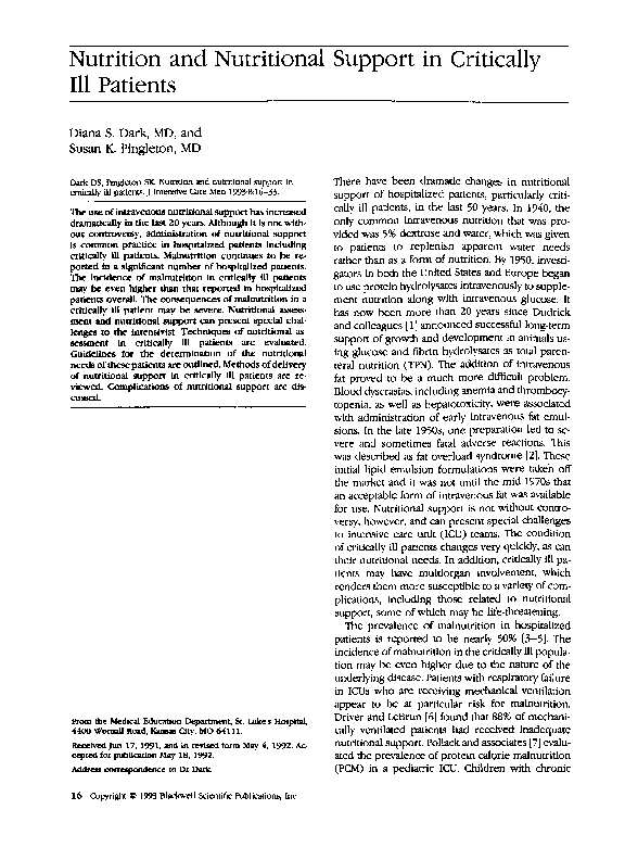 (PDF) Nutrition and Nutritional Support in Critically Ill Patients