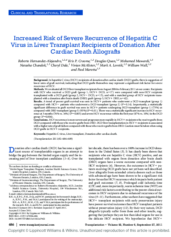 (PDF) Increased Risk of Severe Recurrence of Hepatitis C Virus in Liver ...