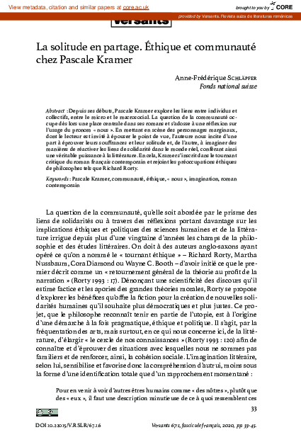 (PDF) La solitude en partage. Éthique et communauté chez Pascale Kramer