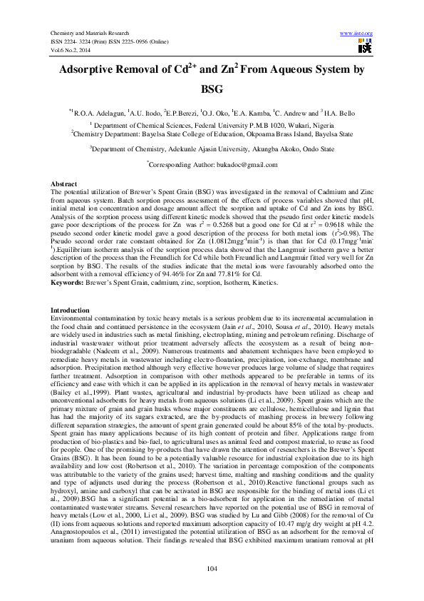 (PDF) Adsorptive Removal of Cd2+ and Zn2 From Aqueous System by BSG