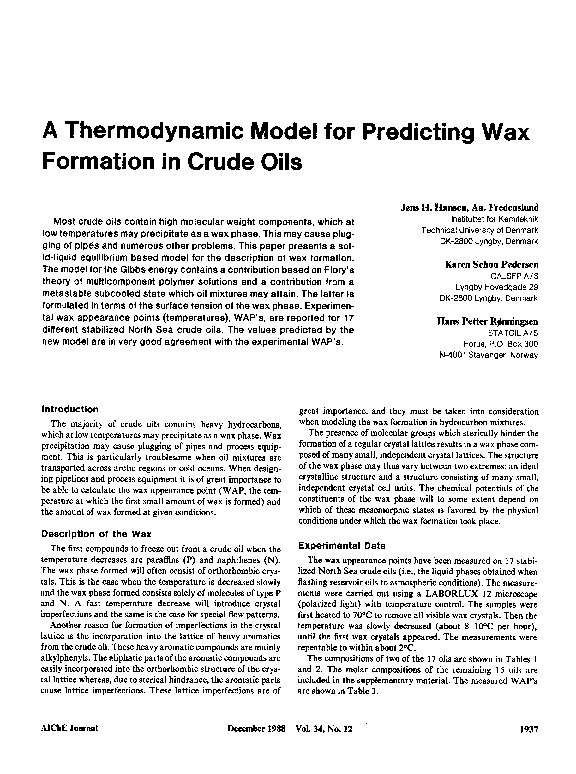 (PDF) A thermodynamic model for predicting wax formation in crude oils