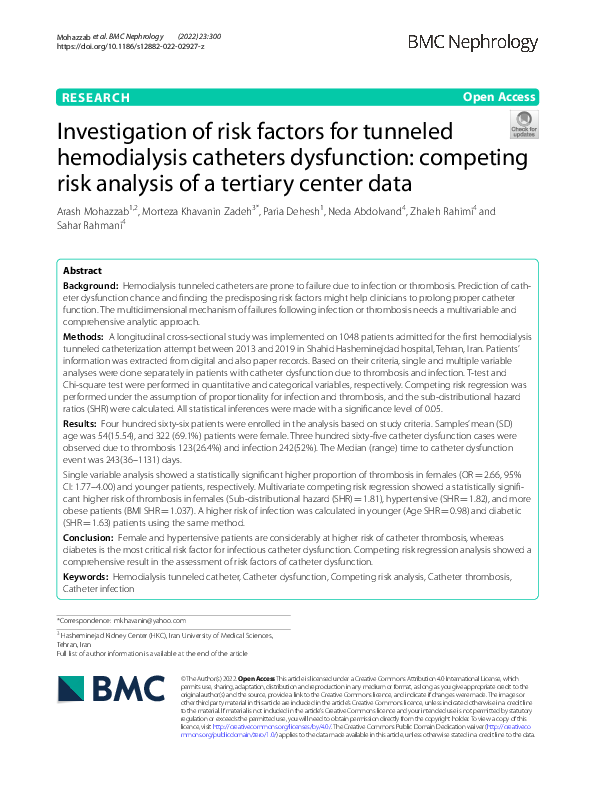 (PDF) Investigation of risk factors for tunneled hemodialysis catheters