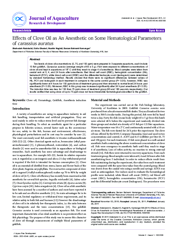 (PDF) Effects of Clove Oil as An Anesthetic on Some Hematological
