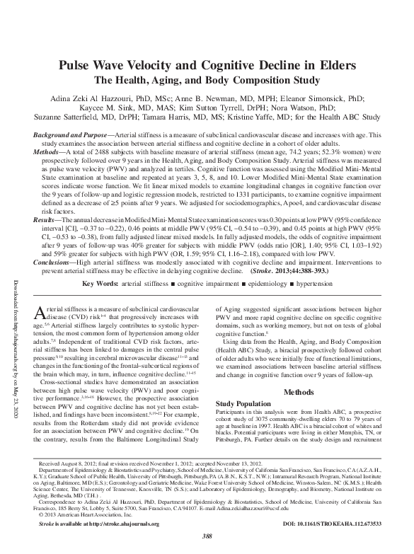 (PDF) Pulse Wave Velocity and Cognitive Decline in Elders