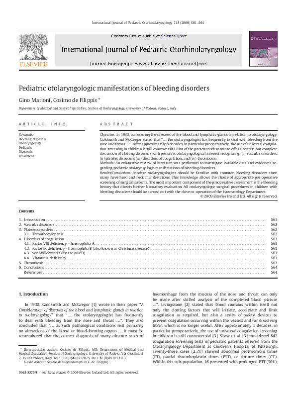 (PDF) Pediatric otolaryngologic manifestations of bleeding disorders