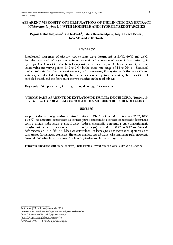 (PDF) APPARENT VISCOSITY OF FORMULATIONS OF INULIN CHICORY EXTRACT ...