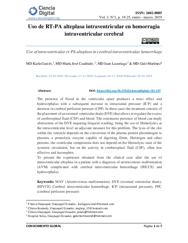 (PDF) Uso de rt-PA alteplasa intraventricular en hemorragia ...