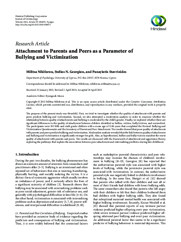 (PDF) Attachment to Parents and Peers as a Parameter of Bullying and ...