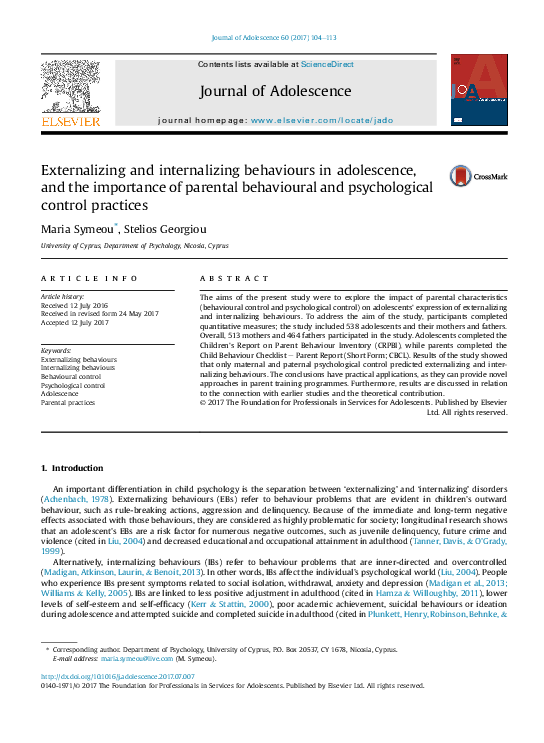 (PDF) Externalizing and internalizing behaviours in adolescence, and ...