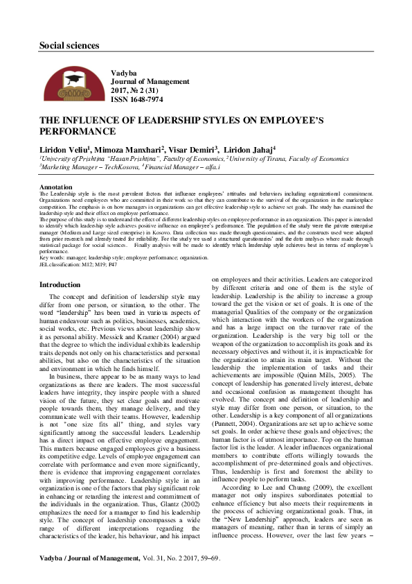(PDF) The Influence of Leadership Styles on Employee ’ S Performance