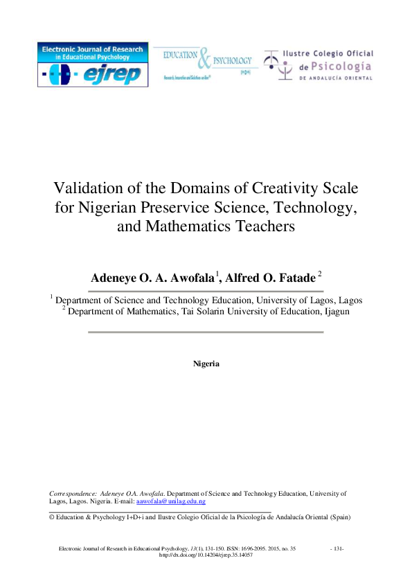 (PDF) Validation of the Domains of Creativity Scale for Nigerian ...