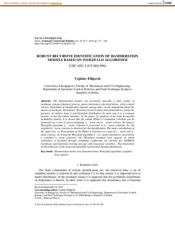 (PDF) Robust Recursive Identification of Hammerstein Models Based on ...