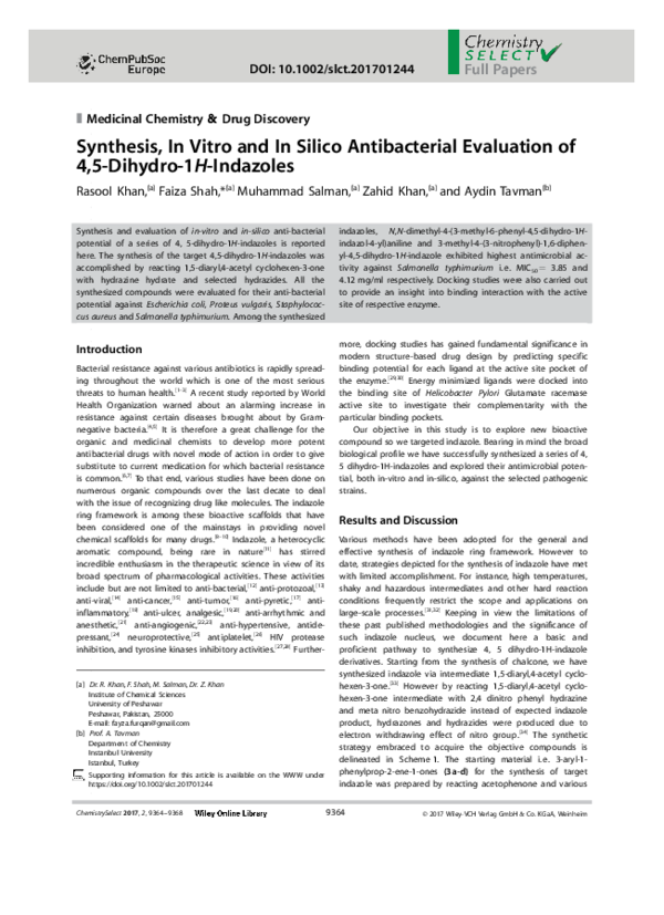 (PDF) Synthesis, in vitro and in silico anti‐bacterial analysis of ...