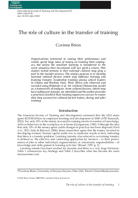 (PDF) The role of culture in the transfer of training