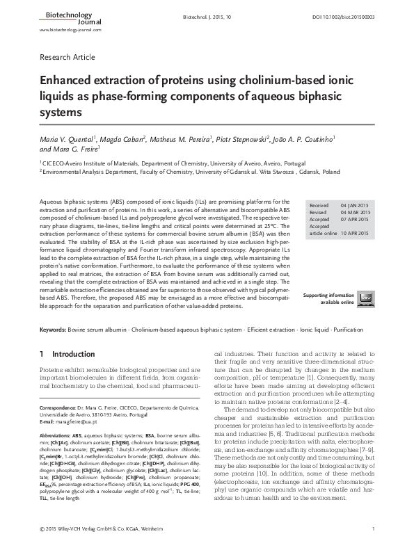 (PDF) Enhanced extraction of proteins using cholinium-based ionic ...