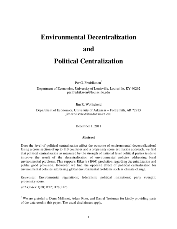 (PDF) Environmental decentralization and political centralization