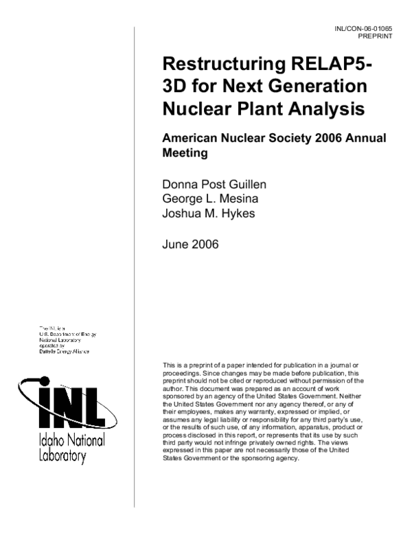 (PDF) Restructuring RELAP5-3D for Next Generation Nuclear Plant Analysis
