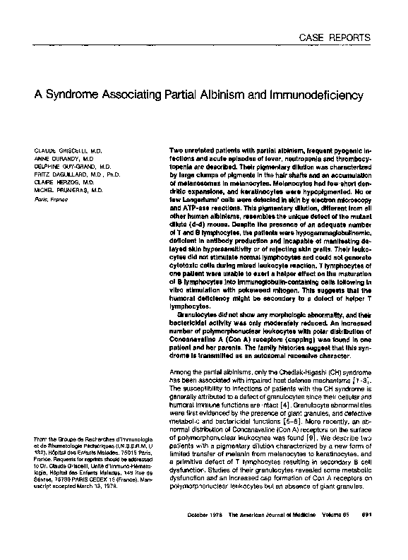 A syndrome associating partial albinism and immunodeficiency