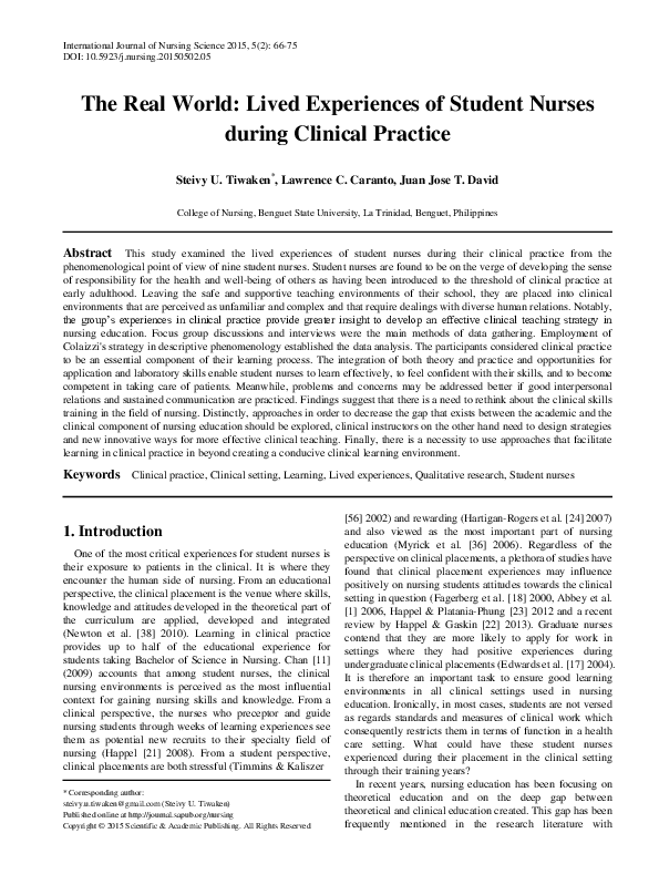 (PDF) The Real World: Lived Experiences of Student Nurses during ...