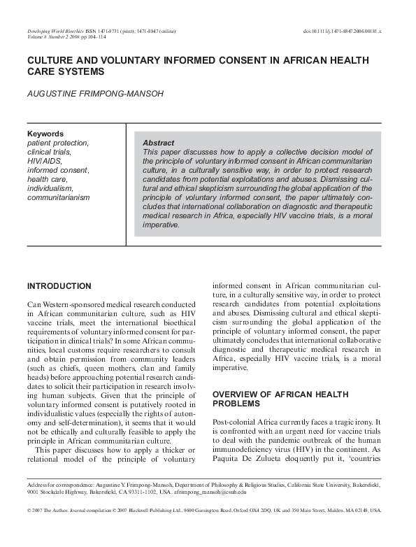 (PDF) Culture and Voluntary Informed Consent in African Health Care Systems