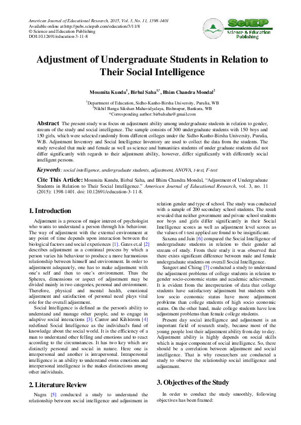 (PDF) Adjustment of Undergraduate Students in Relation to Their Social ...