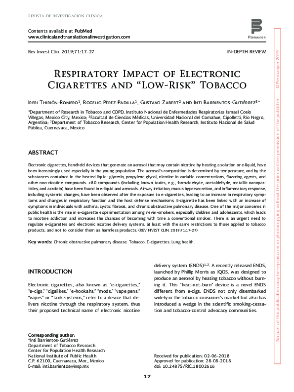 Pdf Respiratory Impact Of Electronic Cigarettes And Low Risk Tobacco