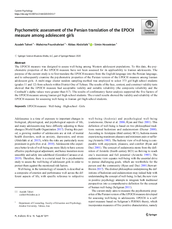 (PDF) Psychometric assessment of the Persian translation of the Social ...