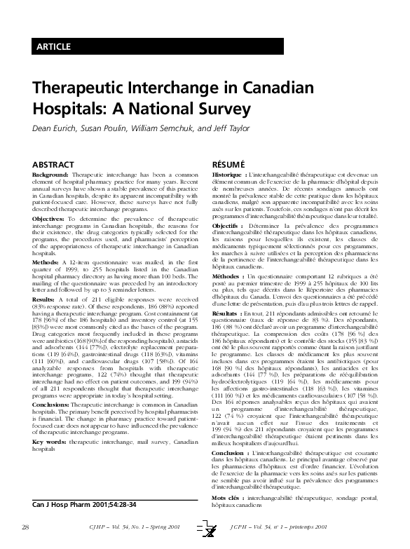 (PDF) Therapeutic Interchange in Canadian Hospitals: A National Survey ...