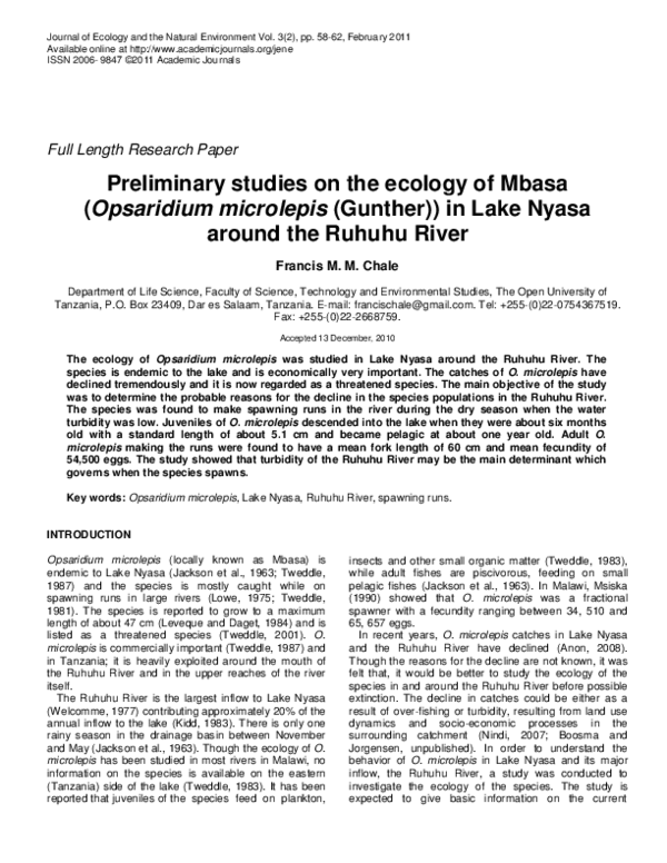 (PDF) Preliminary studies on the ecology of Mbasa (Opsaridium ...