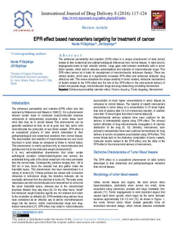 (PDF) EPR effect based nanocarriers targeting for treatment of cancer