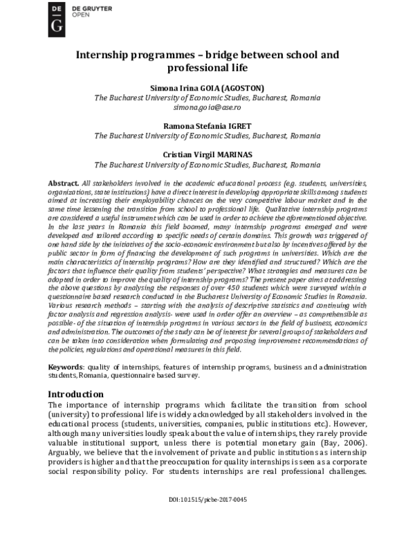 (PDF) Internship programmes – bridge between school and professional life