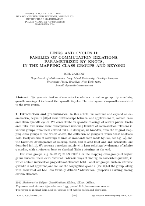(PDF) Links and cycles II: families of commutation relations ...