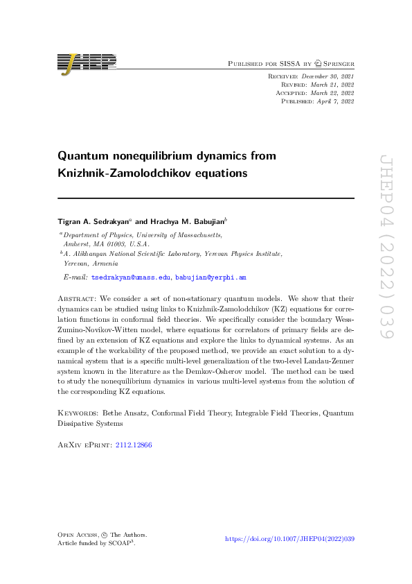 (PDF) Quantum nonequilibrium dynamics from Knizhnik-Zamolodchikov equations