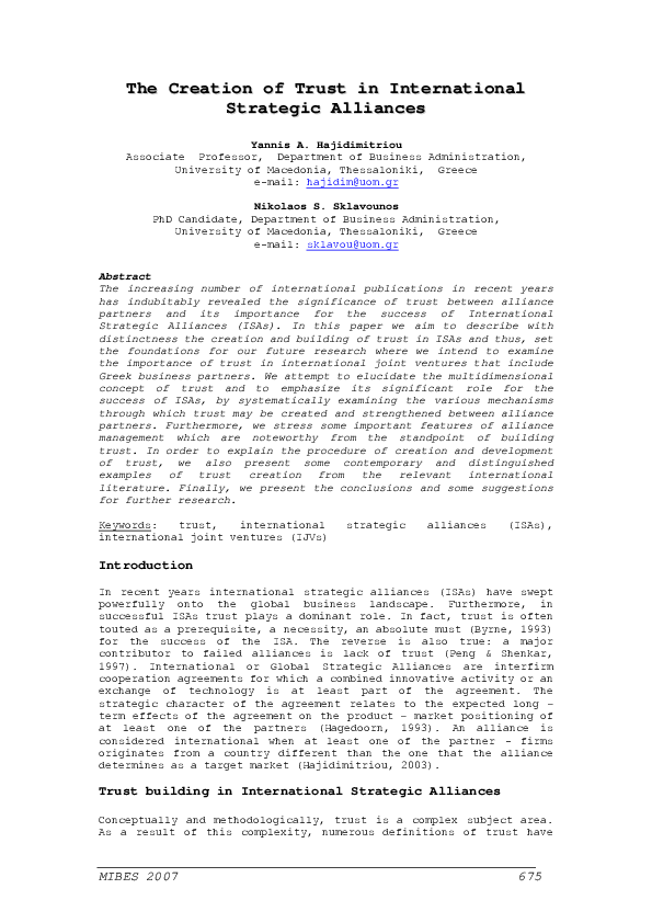 (PDF) The Creation of Trust in International Strategic Alliances
