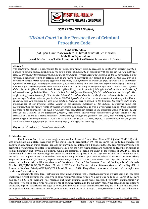(PDF) ‘Virtual Court’ in the Perspective of Criminal Procedure Code