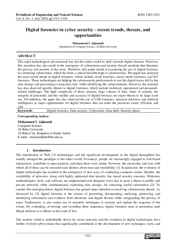 (PDF) Digital forensics in cyber security - recent trends, threats, and ...