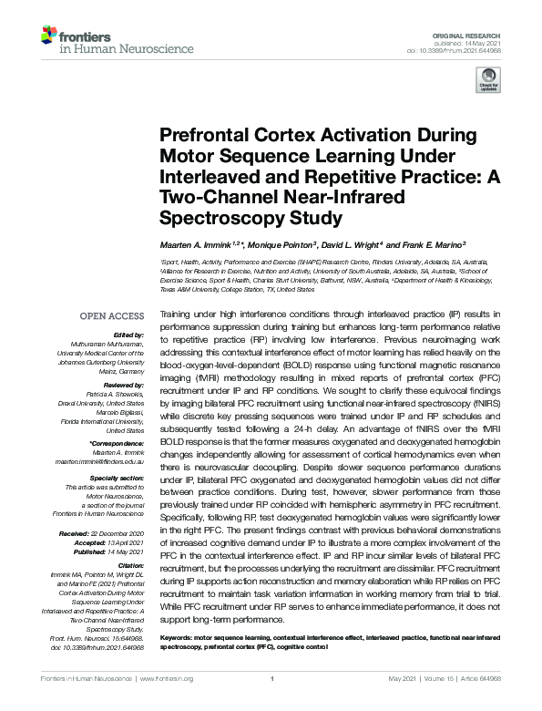 (PDF) Prefrontal Cortex Activation During Motor Sequence Learning Under ...