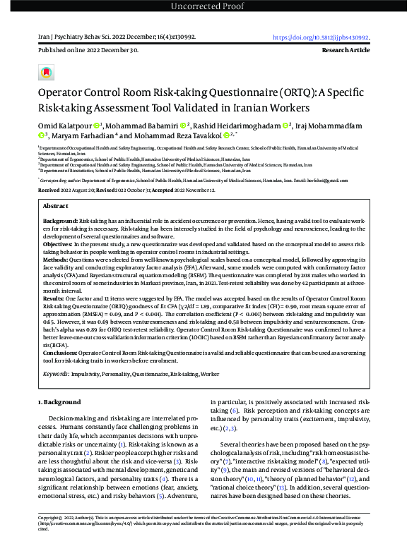 (PDF) Operator Control Room Risk-taking Questionnaire (ORTQ): A ...